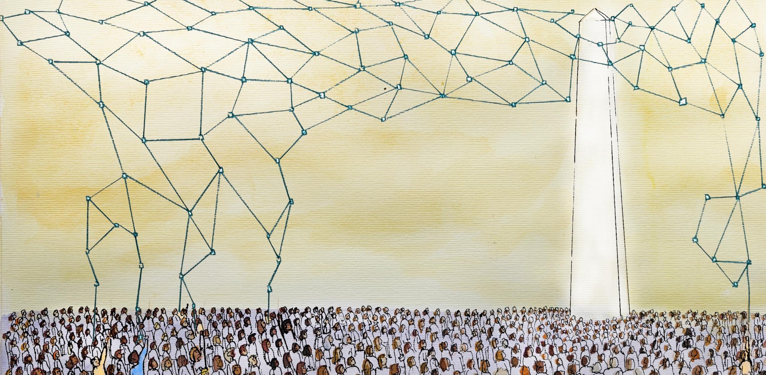 A neural network comes out of the top of an ivory tower, above a crowd of people's heads. Some of them are reaching up to try and take some control and pull the net down to them. Watercolour illustration.